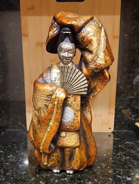 Handcrafted Gold-Tone Japanese Kimono Figurine with Fan